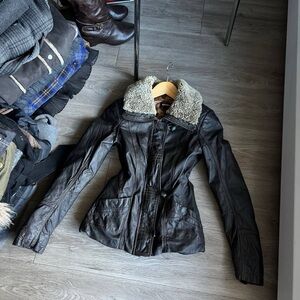 Danier Black Leather Jacket with Fur Collar